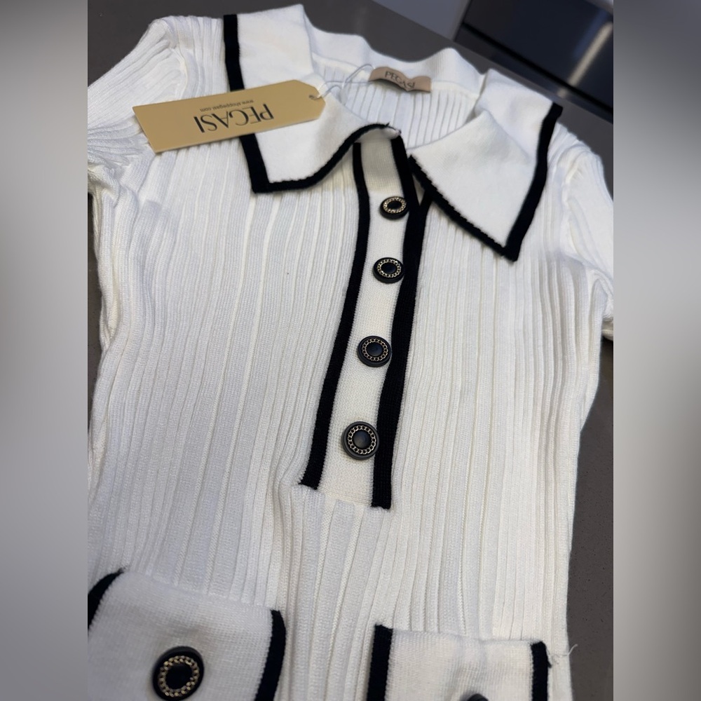 Women’s White Ribbed Knit Midi Dress with Contrast Trim - Picture 7 of 14